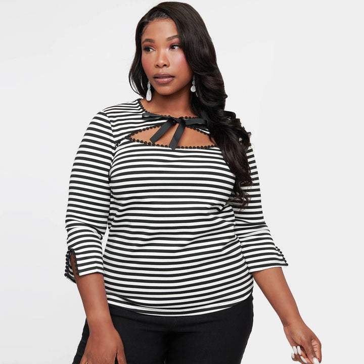 1950's Black & White Stripe Cutout Neck Tie Top - Tops - Fire Inside Me - 