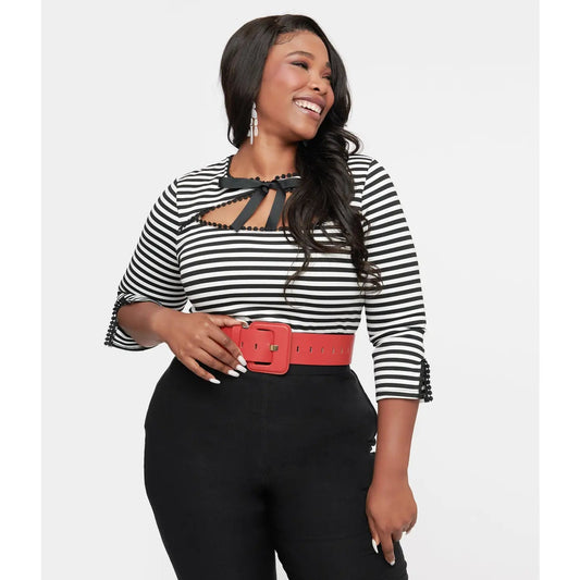 1950's Black & White Stripe Cutout Neck Tie Top - Tops - Fire Inside Me - 