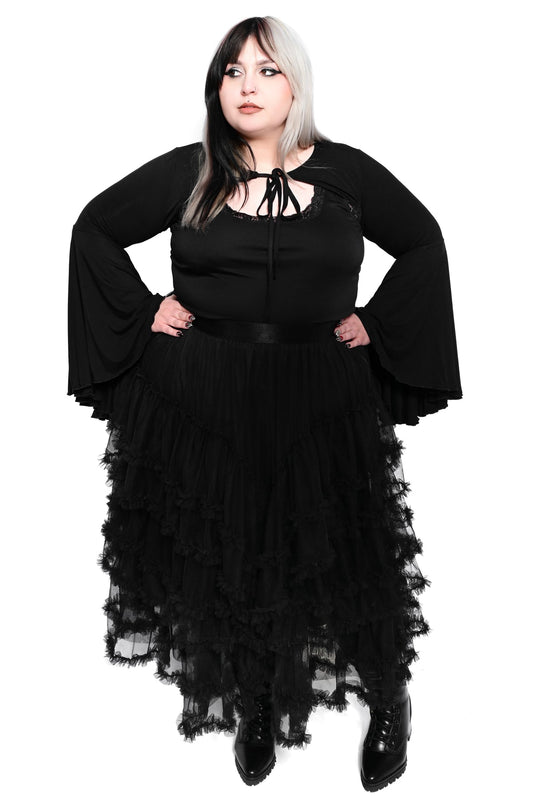 Jada Layered Black Tulle Midi Skirt