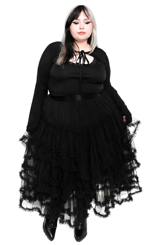 Jada Layered Black Tulle Midi Skirt