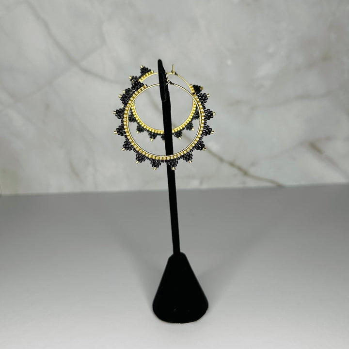 Black Japanese Seed Bead Hoop Earrings - Fire Inside Me - 
