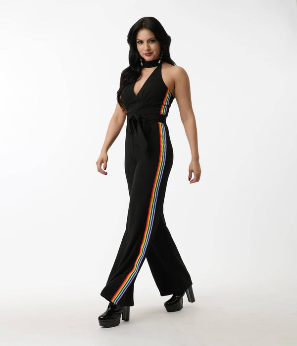 Black Rainbow Stripe Glamour Goddess Jumpsuit - Rompers & Jumpsuits - Fire Inside Me - 