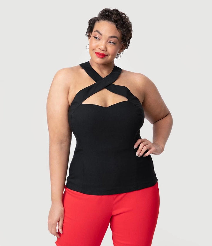 Black Stretch Rita Criss Cross Halter Top - Tops - Fire Inside Me - 