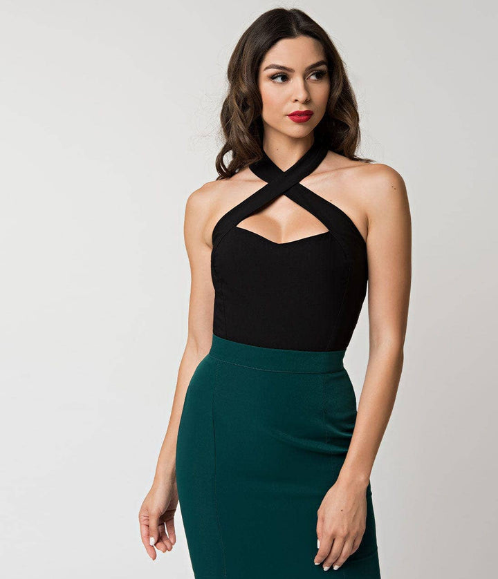 Black Stretch Rita Criss Cross Halter Top - Tops - Fire Inside Me - 