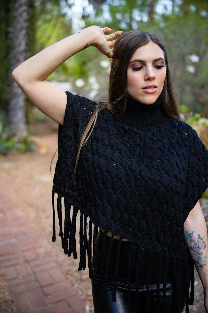 Black Turtleneck with Fringed Hem - Fire Inside Me - 
