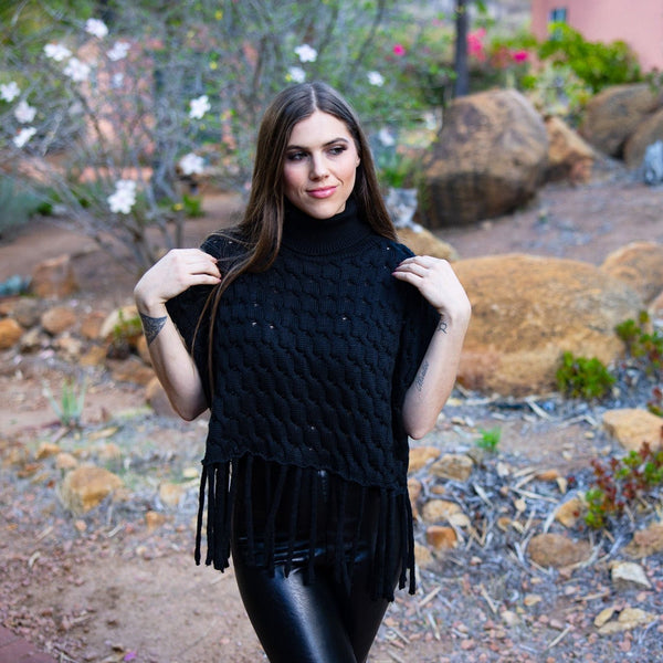 Black Turtleneck with Fringed Hem - Fire Inside Me - 