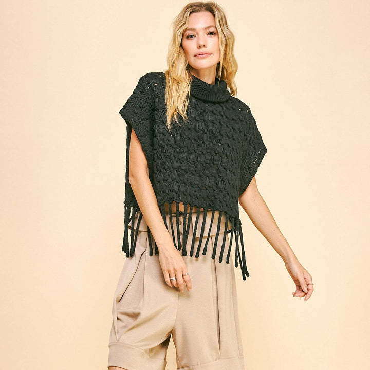 Black Turtleneck with Fringed Hem - Fire Inside Me - 