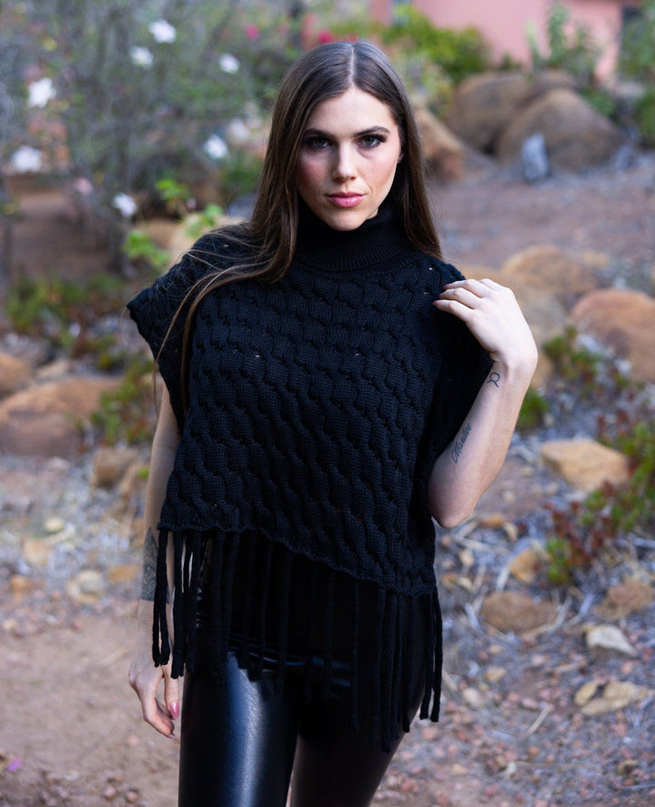 Black Turtleneck with Fringed Hem - Fire Inside Me - 
