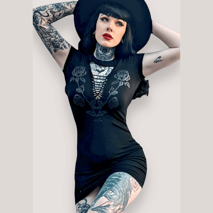Blackout Rose Cutout Goth Mini Dress - Dresses - Fire Inside Me - 