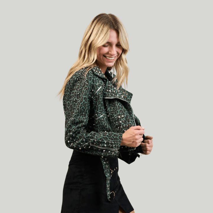 Green Leopard Print Studded Motorcycle Denim Jacket - Fire Inside Me - 