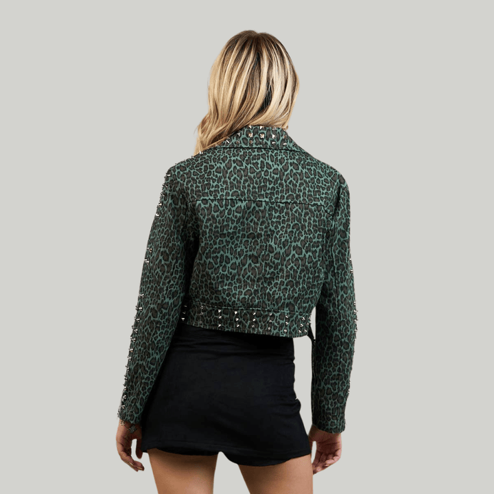 Green Leopard Print Studded Motorcycle Denim Jacket - Fire Inside Me - 