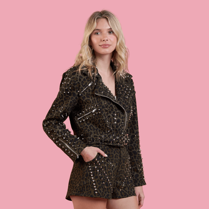 Leopard Print Studded Motorcycle Denim Jacket in Olive - Outerwear - Fire Inside Me - 