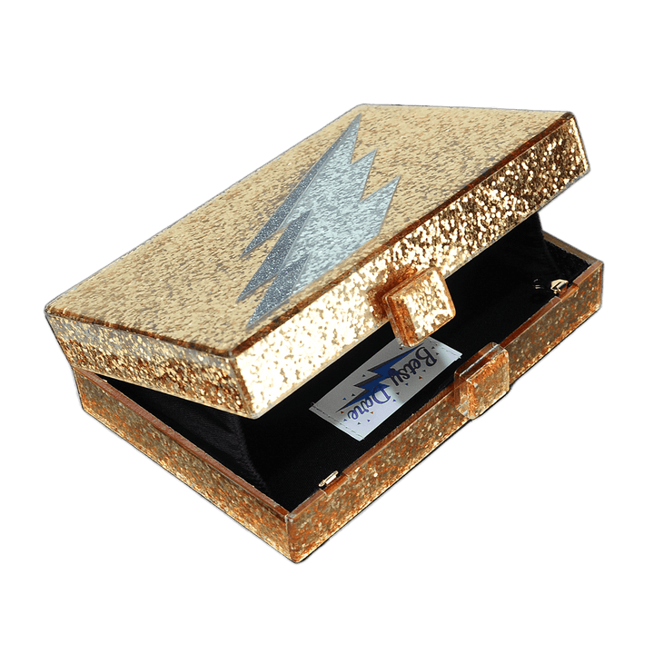 Lightning Bolt Acrylic Cyndi Clutch in Gold Glitter - Fire Inside Me - 