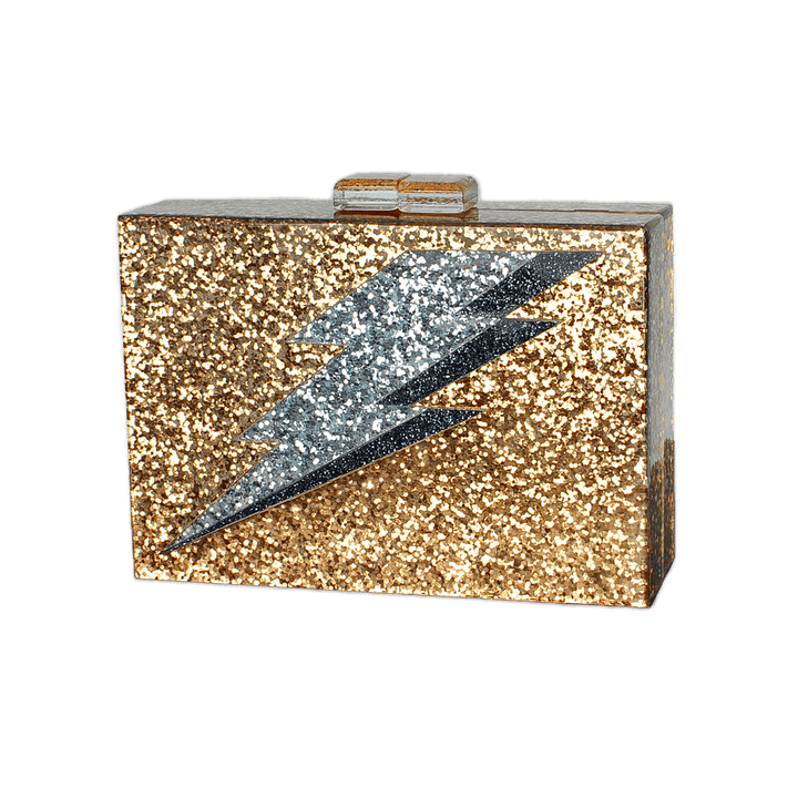 Lightning Bolt Acrylic Cyndi Clutch in Gold Glitter - Fire Inside Me - 
