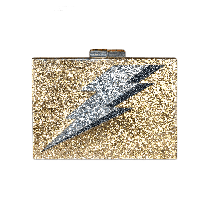Lightning Bolt Acrylic Cyndi Clutch in Gold Glitter - Fire Inside Me - 