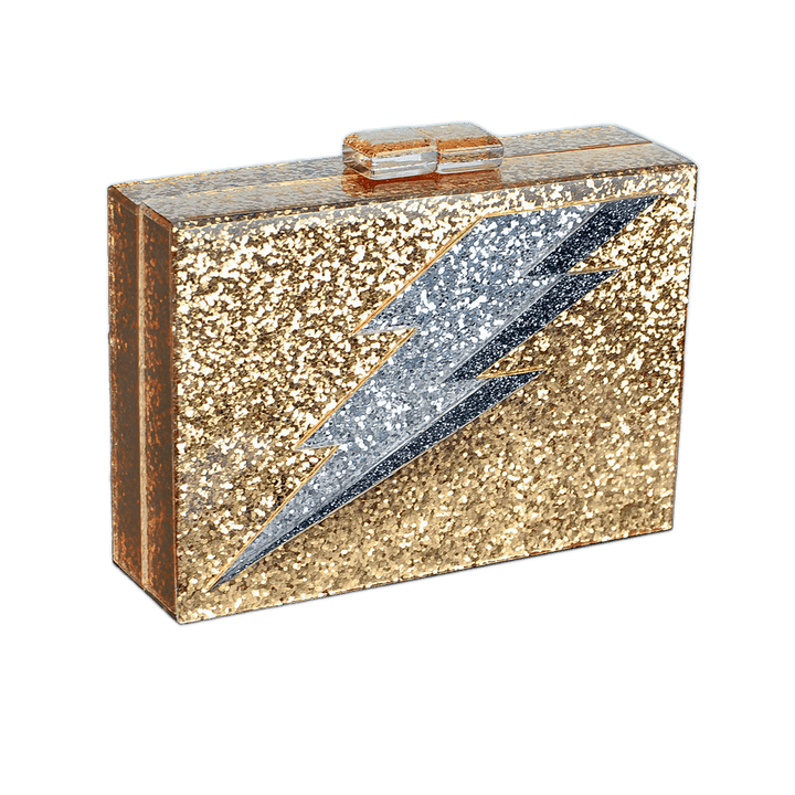 Lightning Bolt Acrylic Cyndi Clutch in Gold Glitter - Fire Inside Me - 