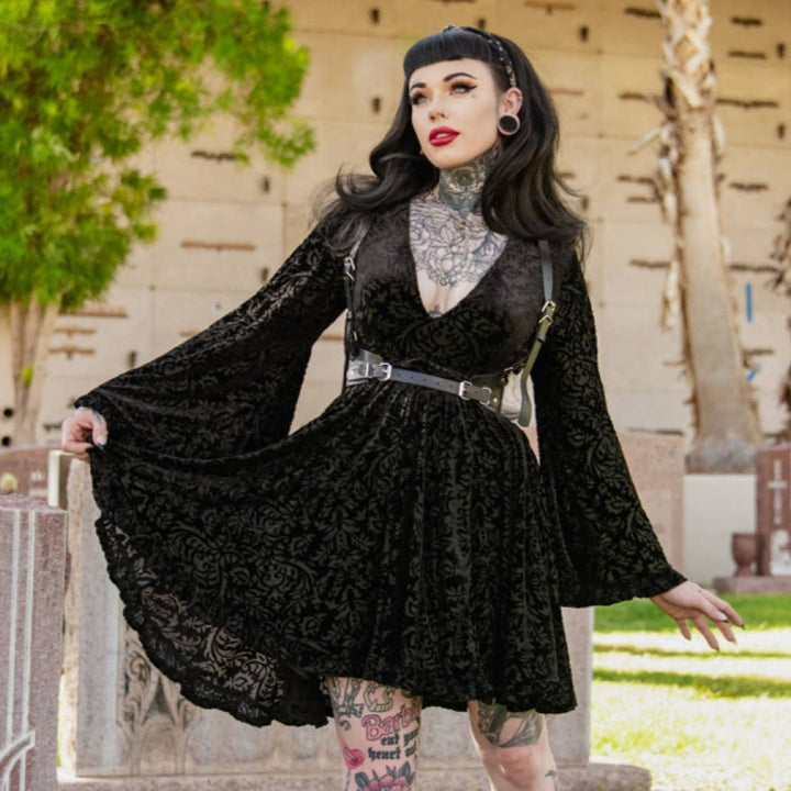 Nyx - Bell Sleeved Velvet Damask Dress with Harness Nyx - Bell Sleeved Velvet Damask Dress with Harness