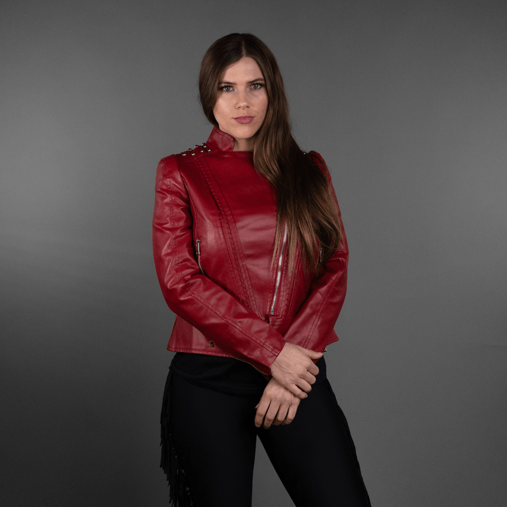 Red Studded Vegan Leather Jacket - Outerwear - Fire Inside Me - 