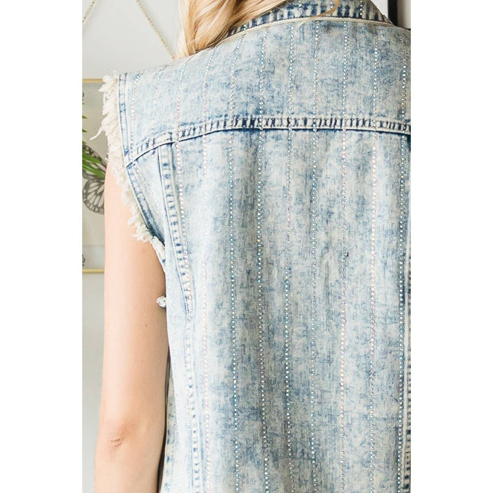 Rhinestone Denim Vest - Outerwear - Fire Inside Me - 