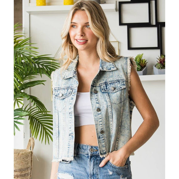 Rhinestone Denim Vest - Outerwear - Fire Inside Me - 