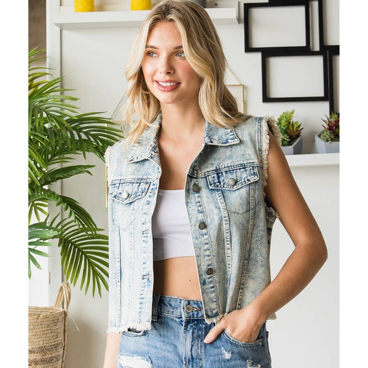 Rhinestone Denim Vest - Outerwear - Fire Inside Me - 