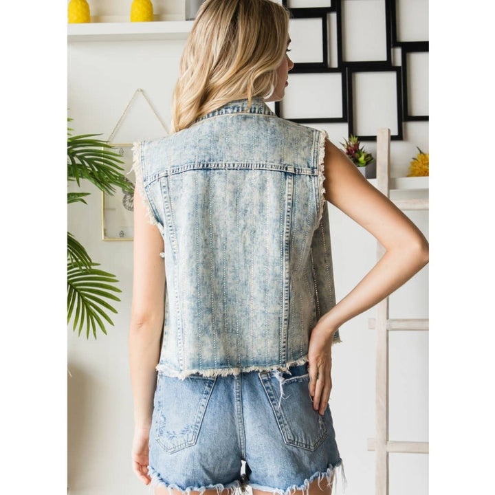 Rhinestone Denim Vest - Outerwear - Fire Inside Me - 