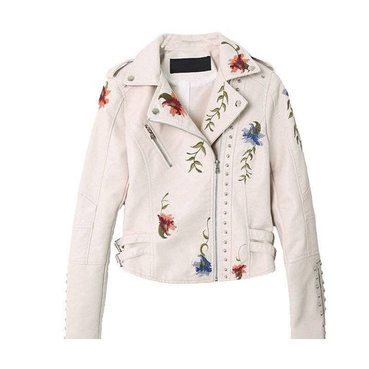 Rivet Embroidered Vegan Leather Jacket - Cream - Outerwear - Fire Inside Me - 