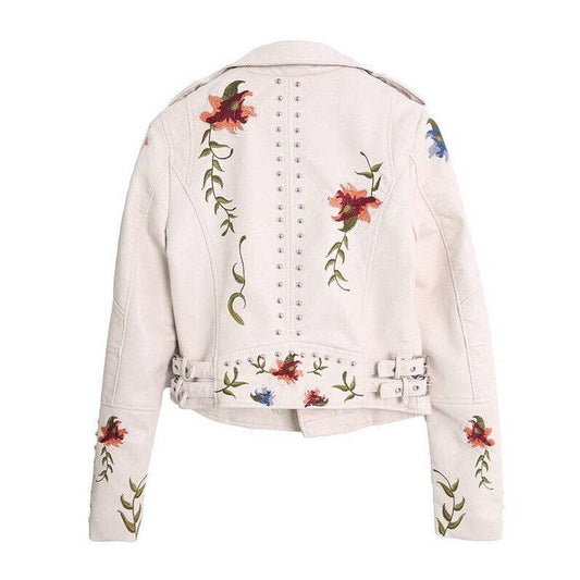 Rivet Embroidered Vegan Leather Jacket - Cream - Outerwear - Fire Inside Me - 
