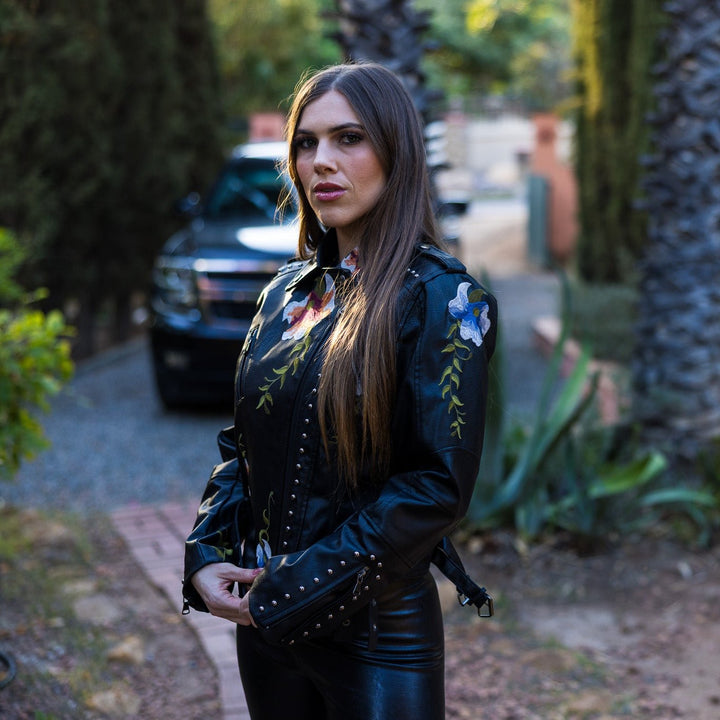 Rivet Embroidered Vegan Leather Jacket - Outerwear - Fire Inside Me - 