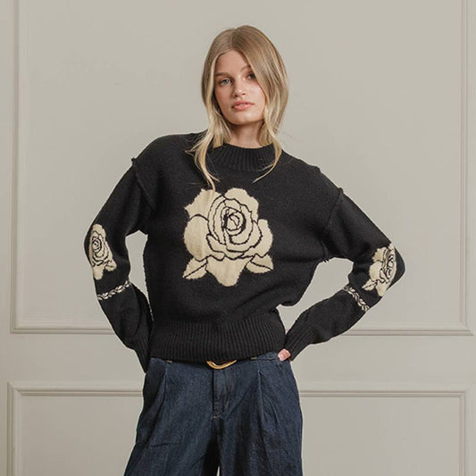 Rose Jacquard Knit Sweater - Outerwear - Fire Inside Me - 