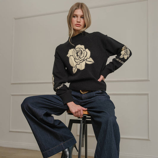 Rose Jacquard Knit Sweater - Outerwear - Fire Inside Me - 