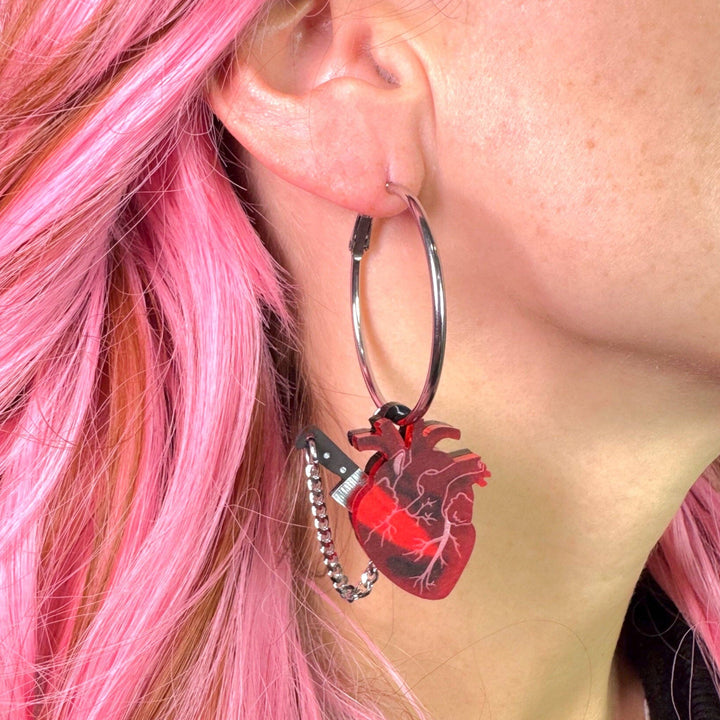 Stabbed in the Heart Red Silver Hoops - Accessories - Fire Inside Me - 