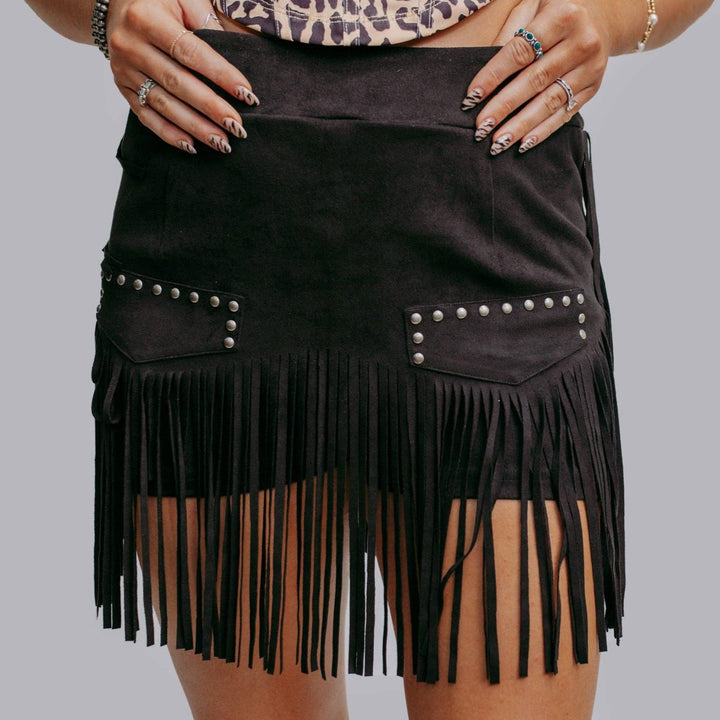Studded Fringe Skort in Black - Bottoms - Fire Inside Me - 