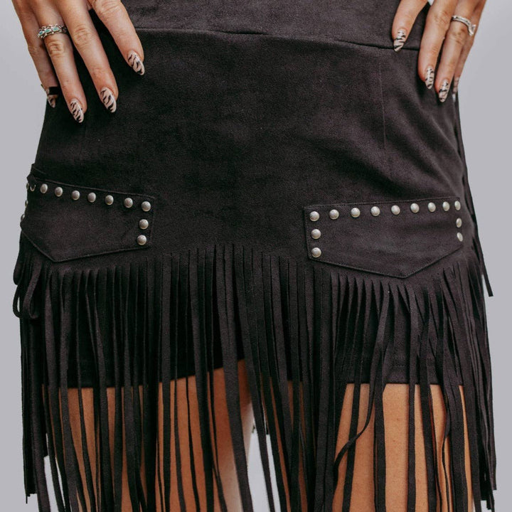 Studded Fringe Skort in Black - Bottoms - Fire Inside Me - 