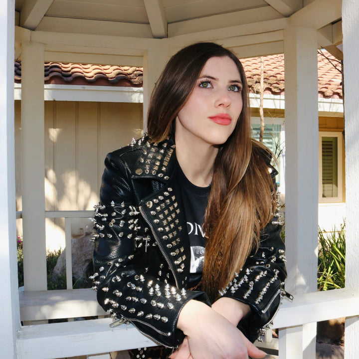 Studded Vegan Leather Motorcycle Jacket - Fire Inside Me - 