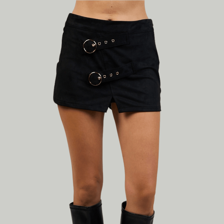 Suedette Mini Skort with Side Buckles - Bottoms - Fire Inside Me - 