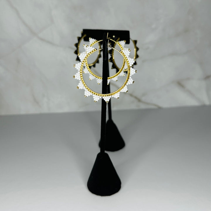 White Japanese Seed Bead Hoop Earrings - Fire Inside Me - 